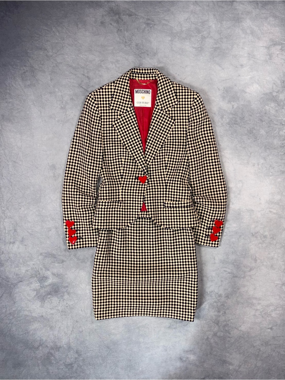 ICONIC Moschino Couture Fall Winter 1993 Wool Heart Vintage Check 90s Skirt Suit